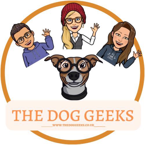 The Dog Geeks logo with three cartoon figures waving around a dog mascot in glasses, with the website address www.thedoggeeks.co.uk below.